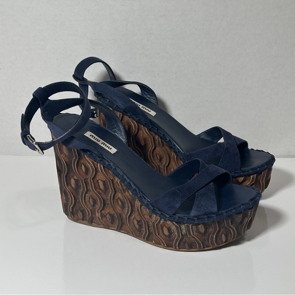Miu Miu Suede Wooden Wedge Strappy Sandals - Picture 2 of 14